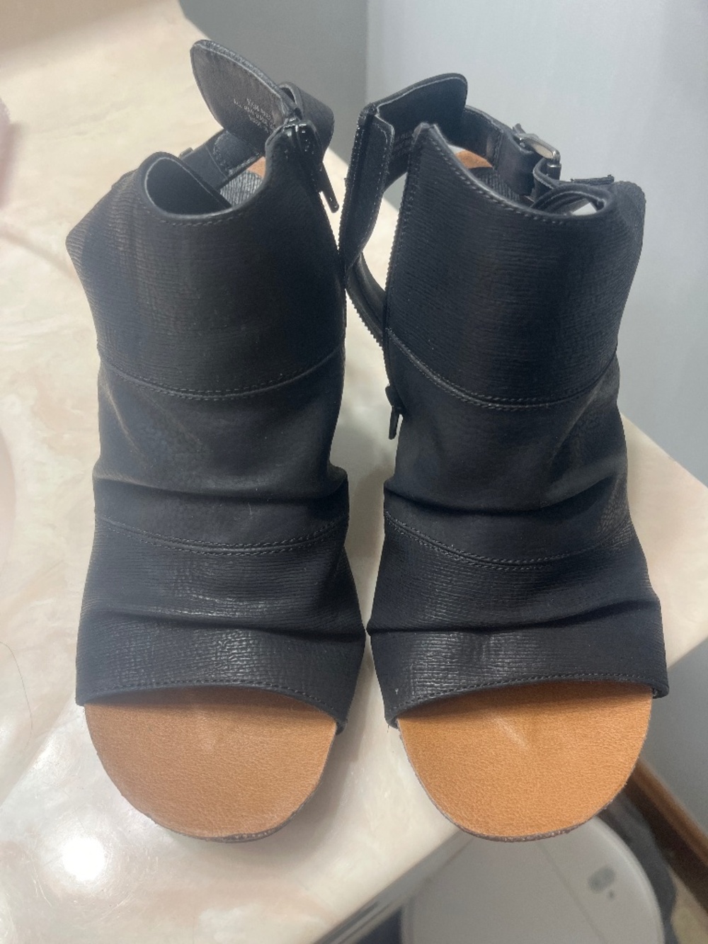 Wedge heels, black, zip up, size 8.5, vegan.  Worn a few times only
